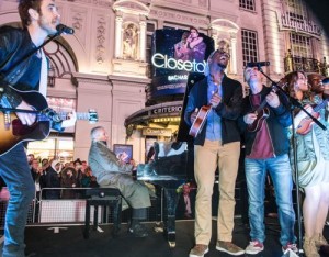 Close To You Opening Night. Burt Bacharach and the cast perform in Piccadilly Circus. Photo credit Craig Sugden.